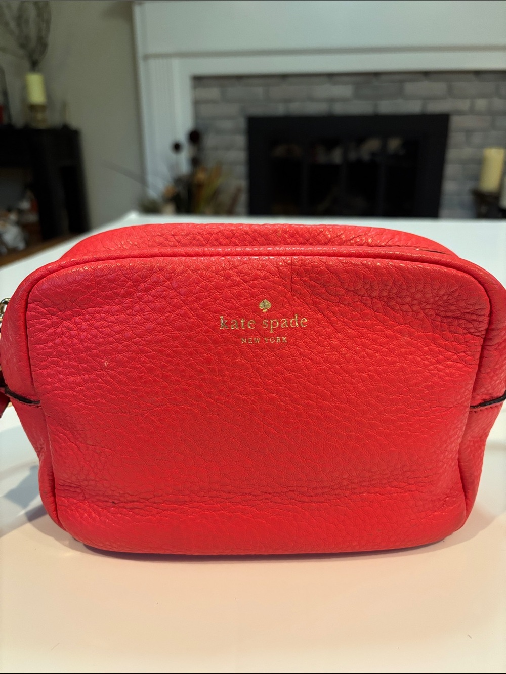 kate spade Coral Red Pebbled camera case crossbody with Gold Logo